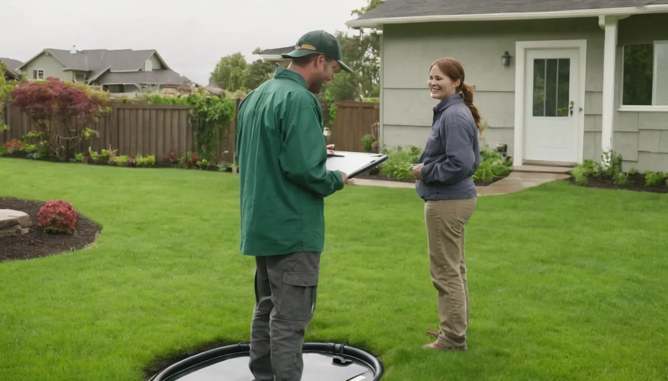 Friendly septic provider and homeowner reviewing a yard and septic access lid together in the Wildwood area