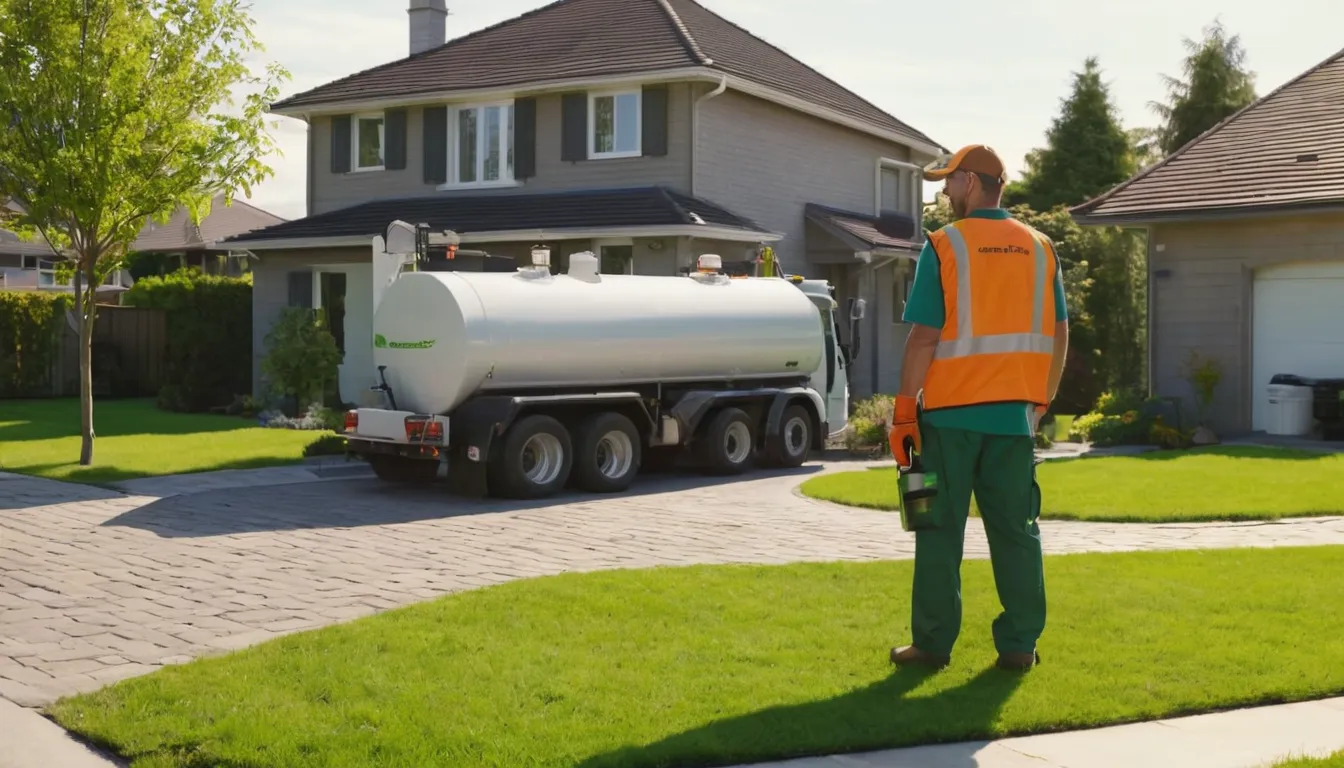 Friendly septic provider checking a tank lid with a homeowner in a backyard near Wildwood